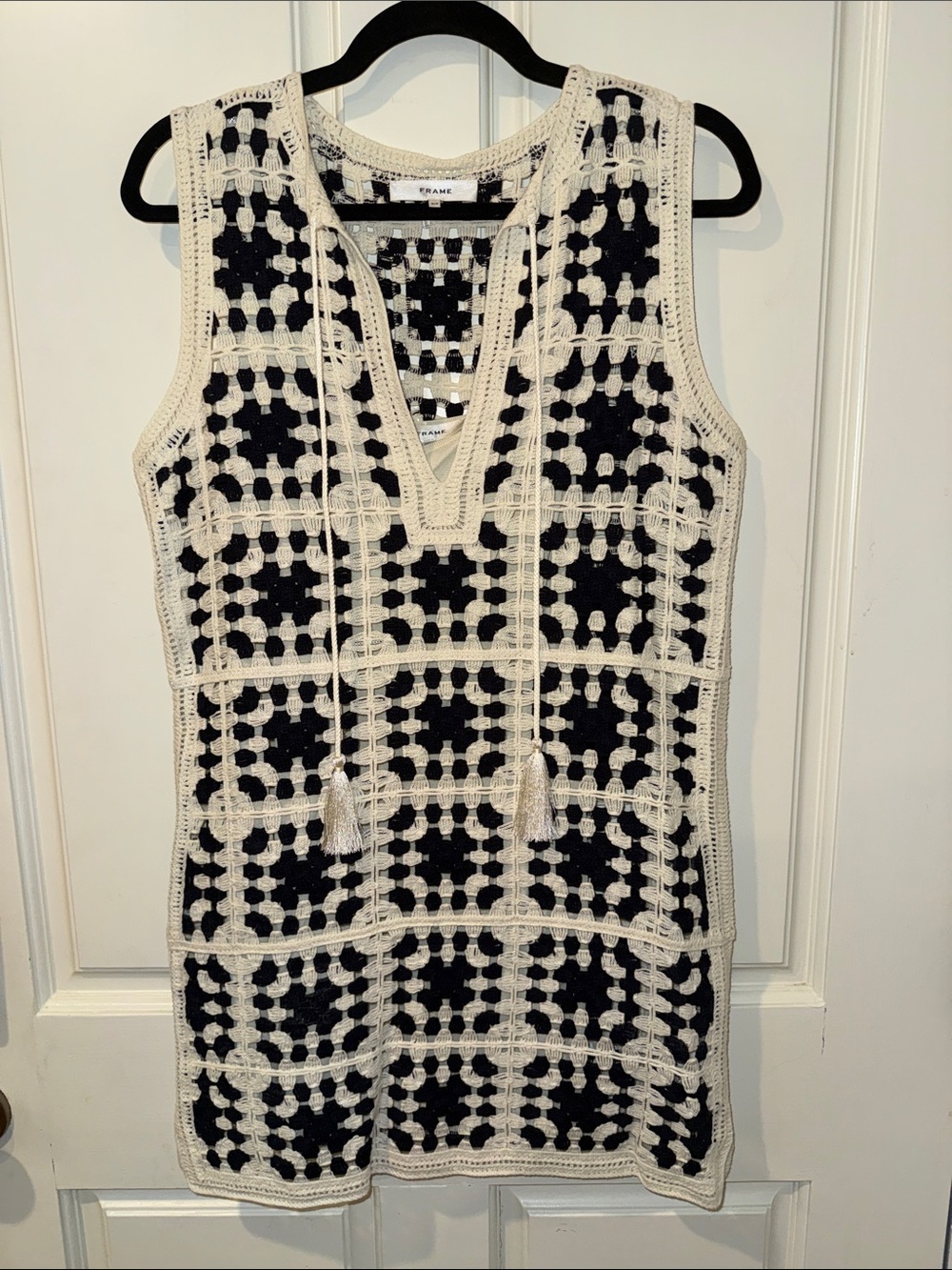 Frame Denim Black and Cream Crochet V-Neck Tunic Dress